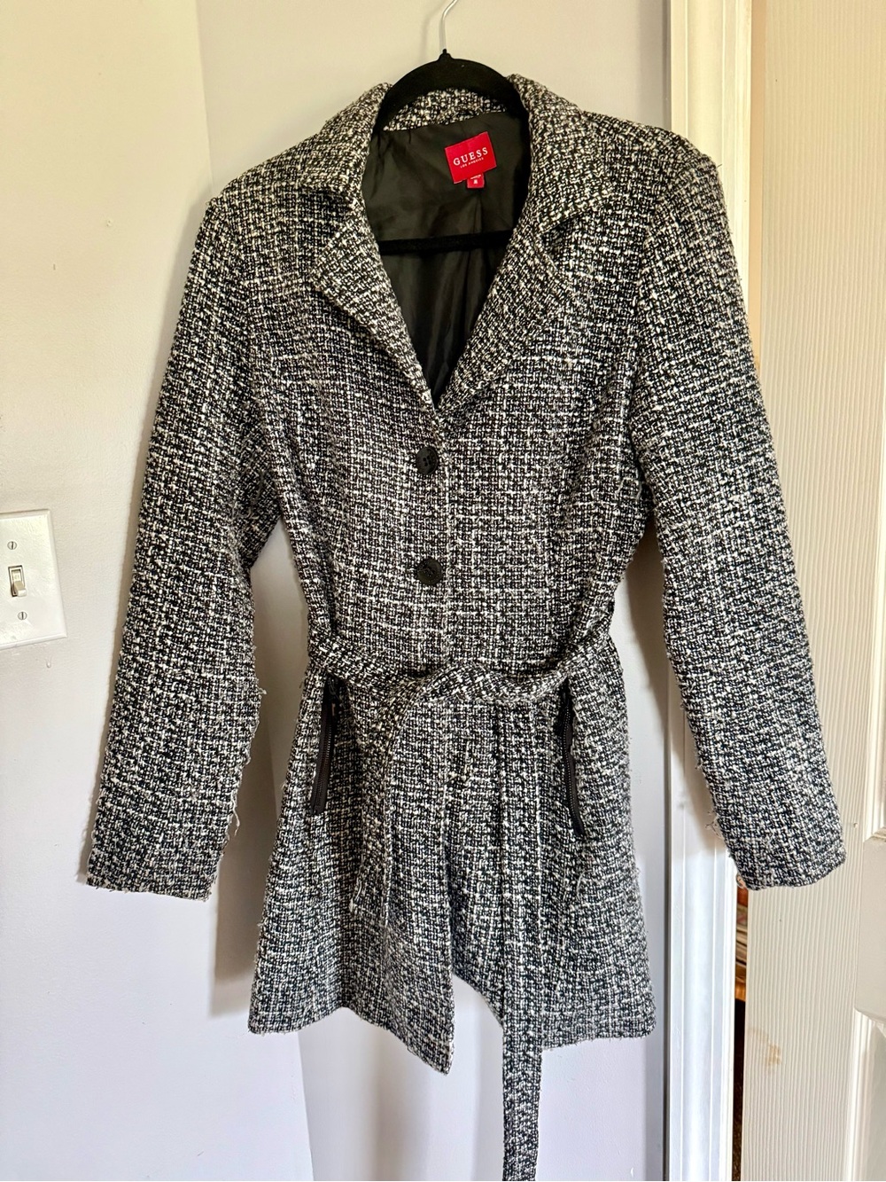 GUESS Black & White Tweed Belted Trench Coat